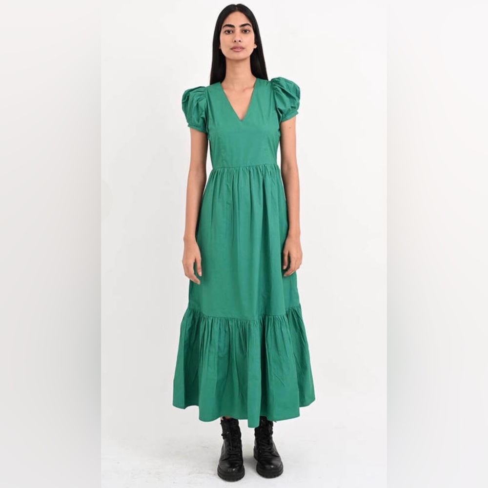 Banjanan Tuckernuck Franklin Designer Maxi Green Dress Puff Sleeve Sz L